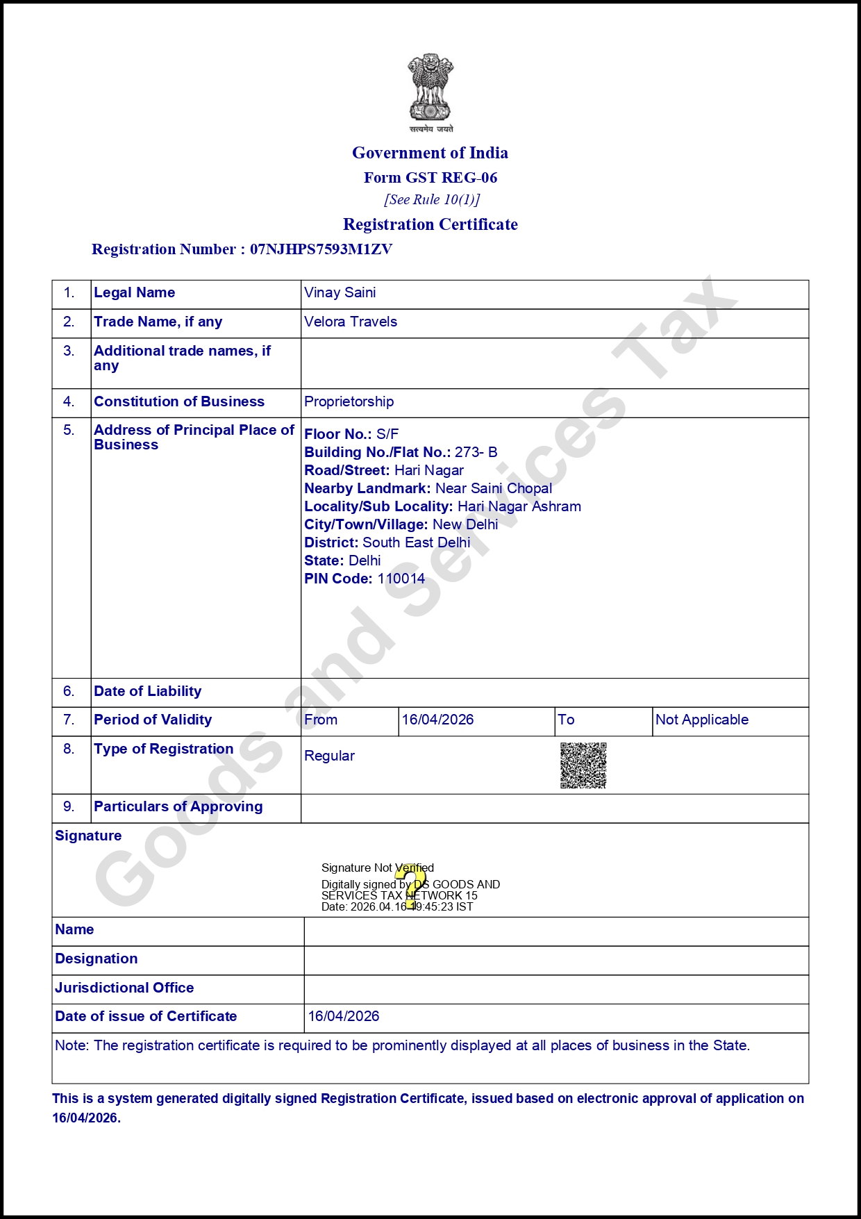GST Registration Certificate - Velora Travels